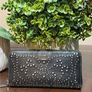 Coach Metallic Black Studded Zip-Around Wallet